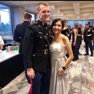 Princess Gown: White and Gray Strapless Ruched Ruffled Gown